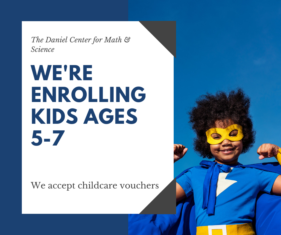 Little girl in superhero costume & the words 'we're enrolling kids ages 5-7'