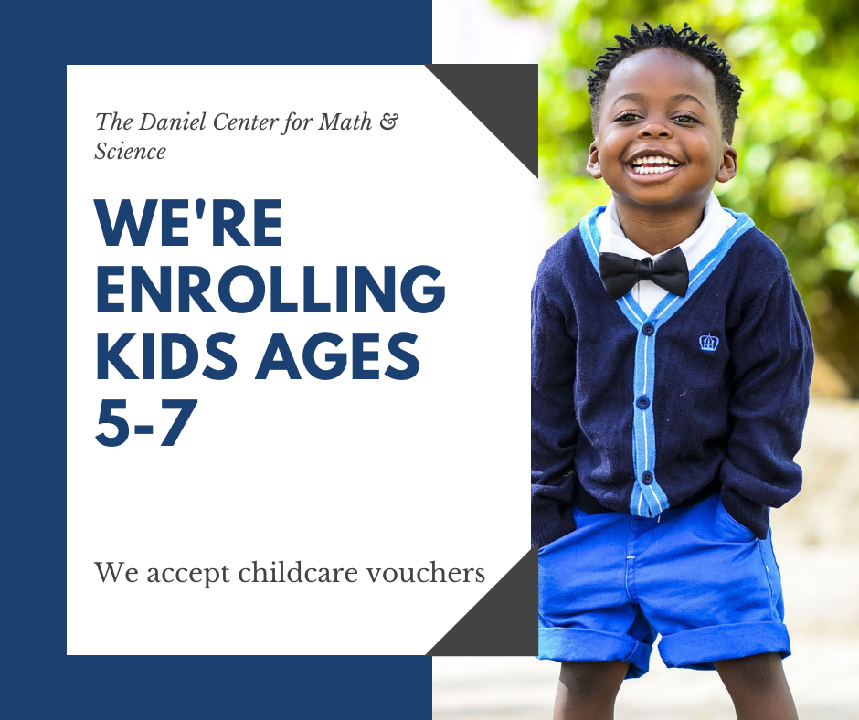 Little boy in cardigan & bow tie smiling & the words 'we're enrolling kids ages 5-7'