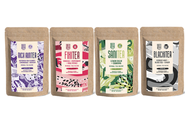 Image of four bags of Green Heffa Farms tea - Rich Auntea, Fixitea, Sanitea, and Blackitea