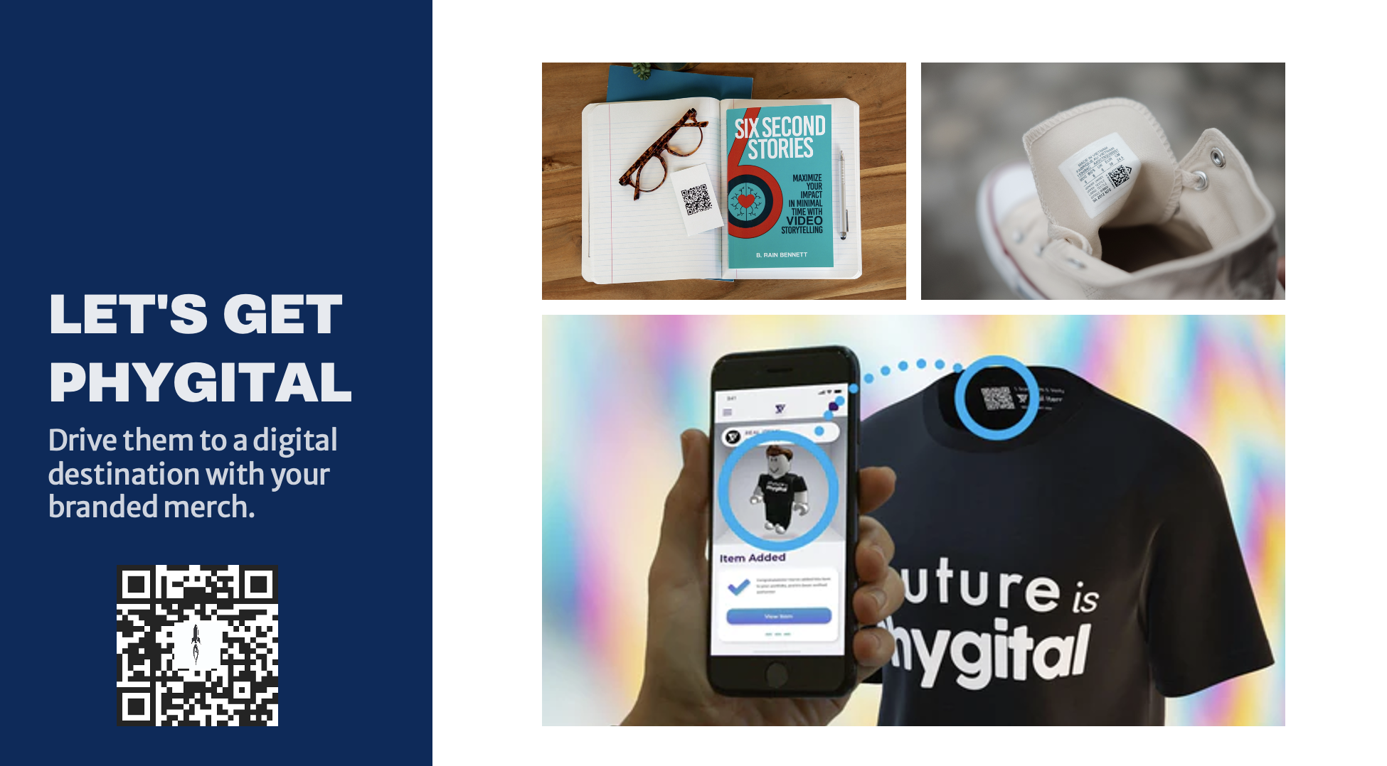 image of slide deck that says "Let's get phygital - drive them to a digital destination with your branded merch